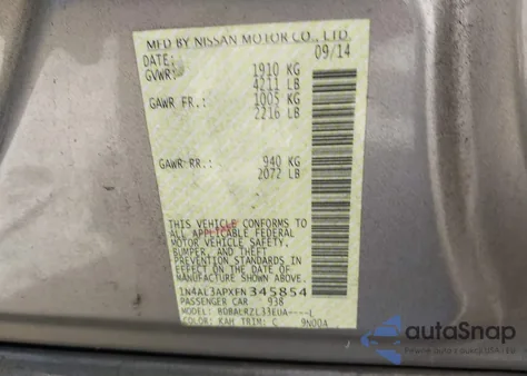 2015 Nissan Altima 2.5 Sl из США, поврежденный, VIN 1N4AL3APXFN345854